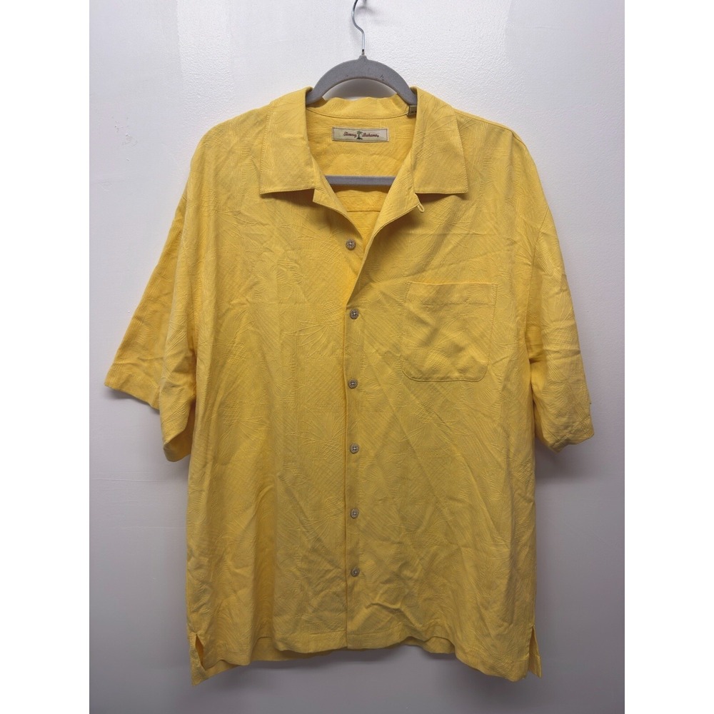 Tommy Bahama Camp Shirt Large Yellow 100% Silk Hawaiian Wooden Button Casual #46